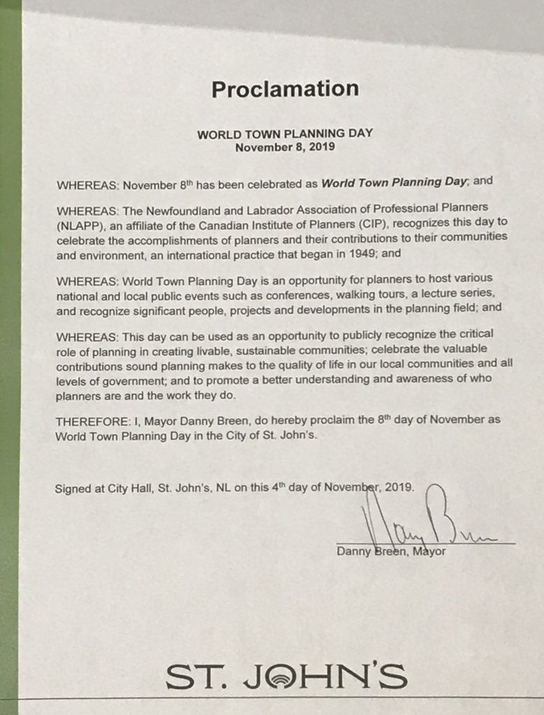 A Proclamation for World Town Planning Day at the City of St. John's